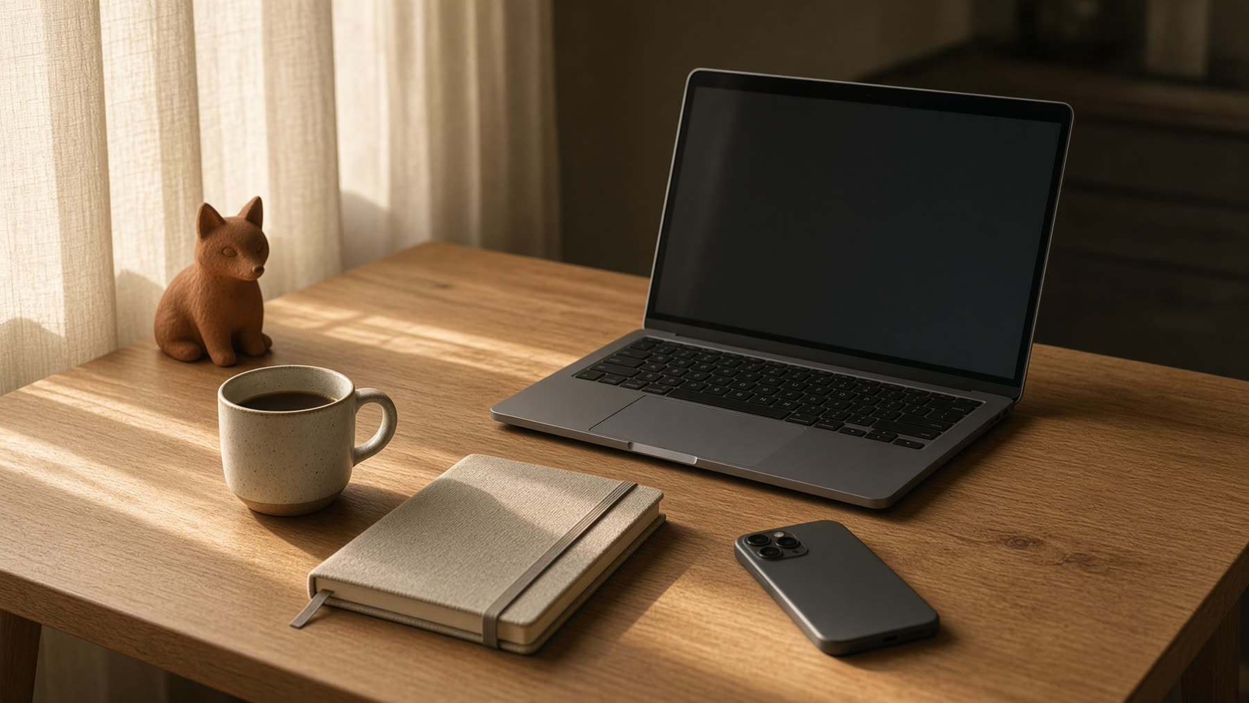 Arbeitsplatz mit Laptop in warmem Tageslicht