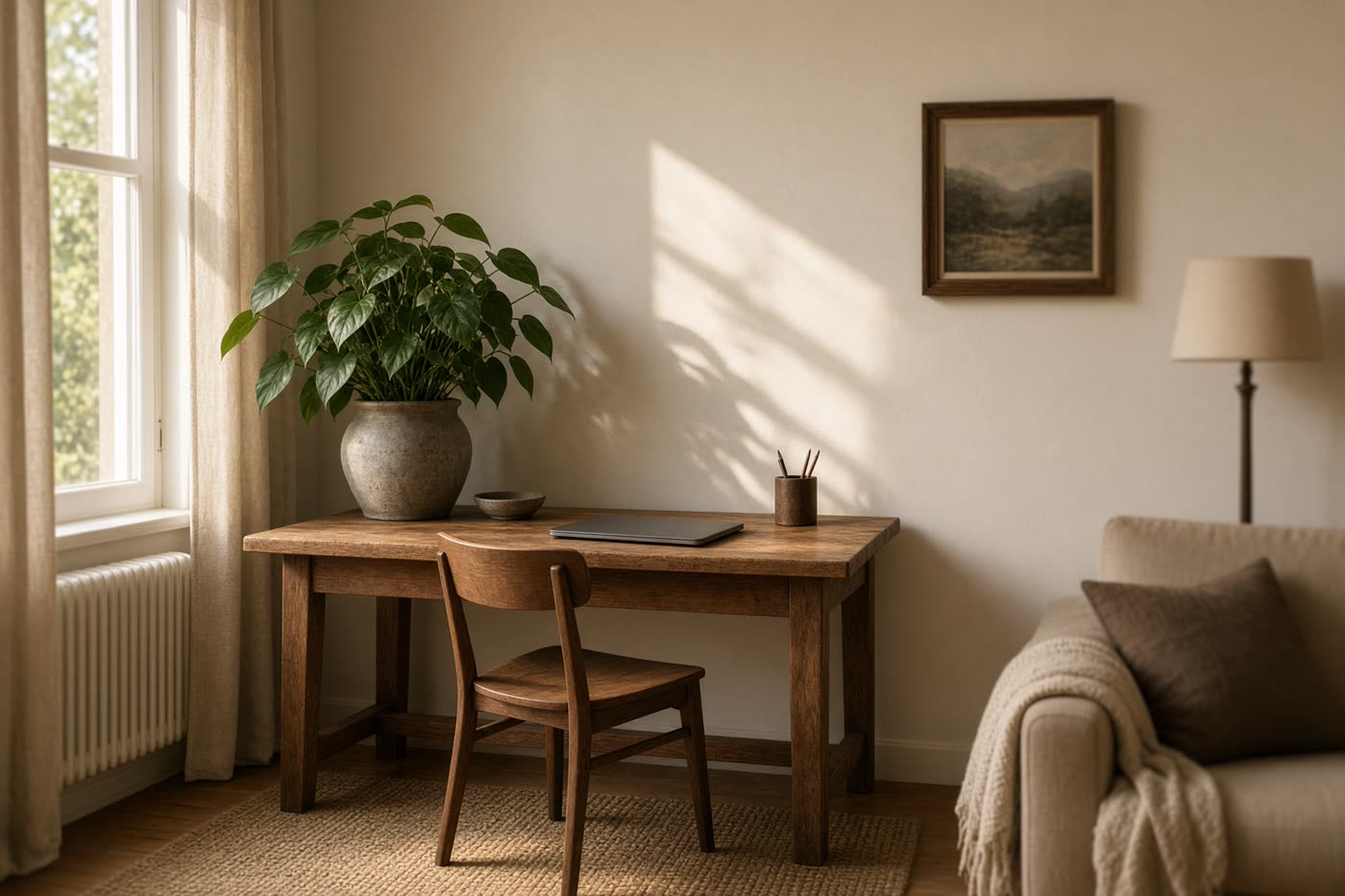 Ruhiges Arbeitszimmer mit Schreibtisch und Tageslicht